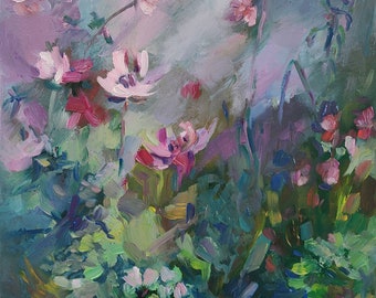 Wildblumengemälde, abstraktes Blumengemälde, dunkle Wiese. Smaragdgrüne, burgunderrote Wandkunst. Stimmungsvolles Kunstwerk, rosa Gänseblümchen-Gemälde.