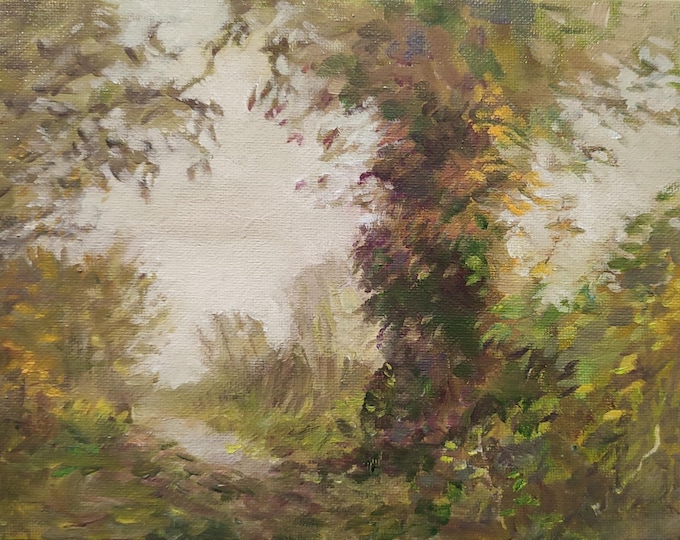 Autumnal Forest Landscape Original Oil Painting Beige Olive Green (18x24 cm)