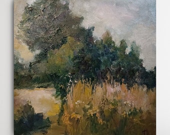 Countryside Painting, Original Oil Painting on Canvas, Autumn Feld Trees Meadow Painting, Original Artwork Mustard Green Wall Art 12x12 inch