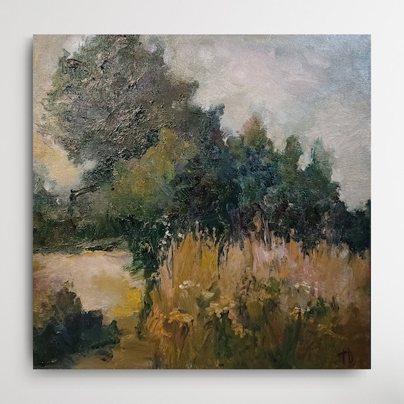 Countryside Painting Autumn Feld Landscape Trees Meadow Clearing Original Artwork Mustard Green Wall Art 12x12inch