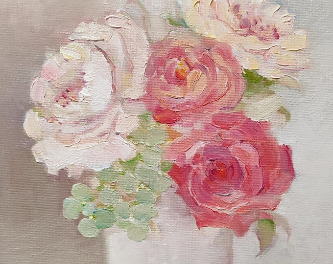 Pink Roses Oil Painting Original Artwork: Bouquet Modern Floral Still Life (10x8 inches)