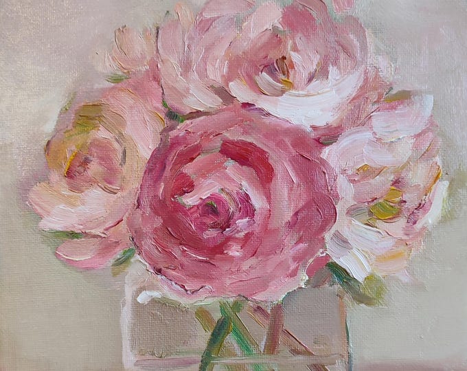 Rose Original Oil Painting: Bouquet Floral Still Life Beige Pink Artwork   (10x8 inches)