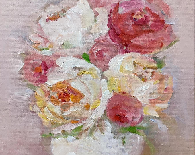 Roses Bouquet Original Oil Painting: Floral Still Life White Pink Artwork 10x8 inches