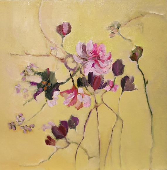 Meadow flowers painting, original painted canvas, wild rose oil painting, Rose's wildflowers painting, abstract floral painting, 12x12 inch