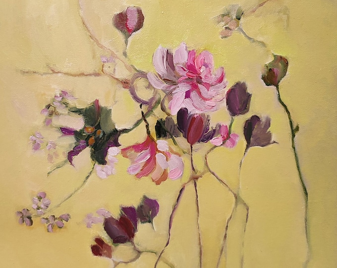 Meadow flowers painting, original painted canvas, wild rose oil painting, Rose's wildflowers painting, abstract floral painting, 12x12 inch