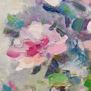 May include: Abstract painting of pink, white, and green flowers with blue and purple accents. The flowers are painted in a loose, impressionistic style.