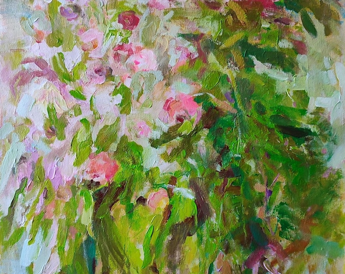 Oversized Wall Art, Large Original Painting Abstract Floral Garden Flowers Pink Green 38x22 inch