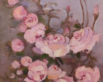 Pink Rose Original Oil Paintings Bouquet Floral Still Life, Antique Style Painting, Room Decor Aesthetic, 12x9,5 inch (30x24 cm)