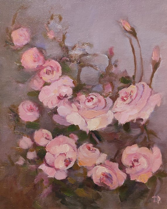 Pink Rose Original Oil Paintings Bouquet Floral Still Life, Antique Style Painting, Room Decor Aesthetic, 12x9,5 inch (30x24 cm)
