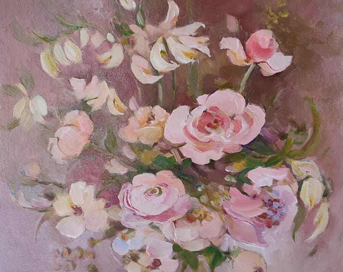Original Oil Painting Pink Roses Bouquet – Impressionist Floral Art (12x12inches)