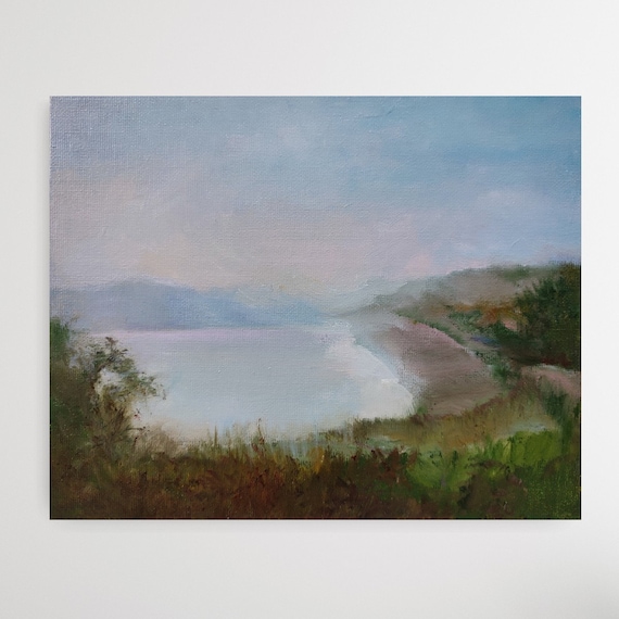 Oil Painting Original Sunrise Painting. Summer Lake Meadow River Painting Blue Green. Lake House Decor, Rustic Oil Painting 8x10 inches.
