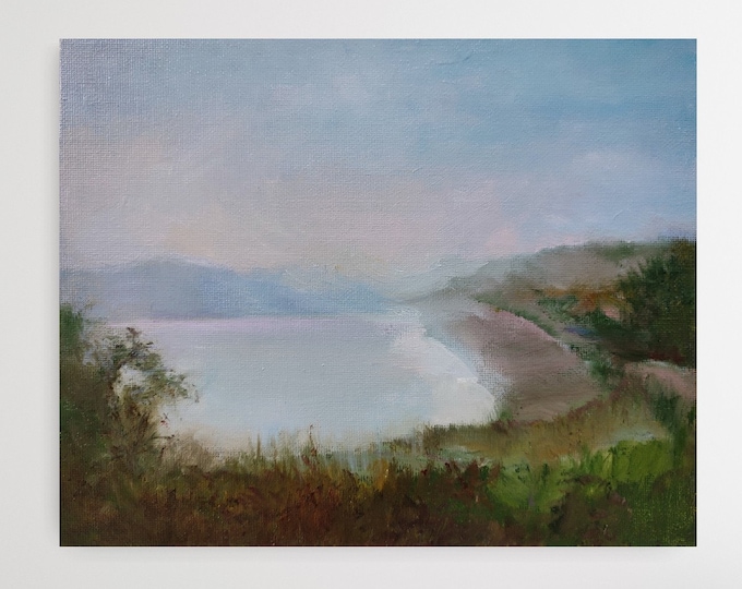 DDP to US, Original Landscape Oil Painting Sunrise: Summer Lake Meadow, Rustic Wall Art (8x10 inches)