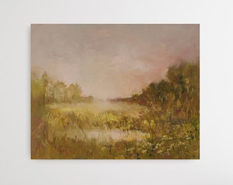 Oil Painting Original, Sunrise Painting. Pastoral Painting Beige Meadow Painting, Rustic Oil Painting. Village Painting Field Road Painting.