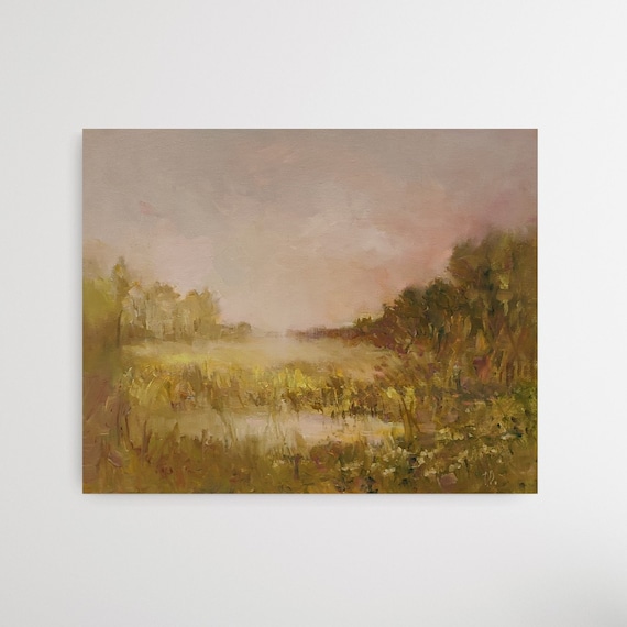 Oil Painting Original, Sunrise Painting. Pastoral Painting Beige Meadow Painting, Rustic Oil Painting. Village Painting Field Road Painting.