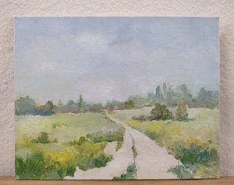 Oil Painting Original Summer Painting Landscape. Field Road Painting Light Meadow Painting. Village Painting, Rustic Oil Painting 8x10inch.
