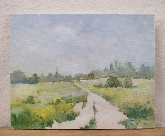 Oil Painting Original Summer Painting Landscape. Field Road Painting Light Meadow Painting. Village Painting, Rustic Oil Painting 8x10inch.