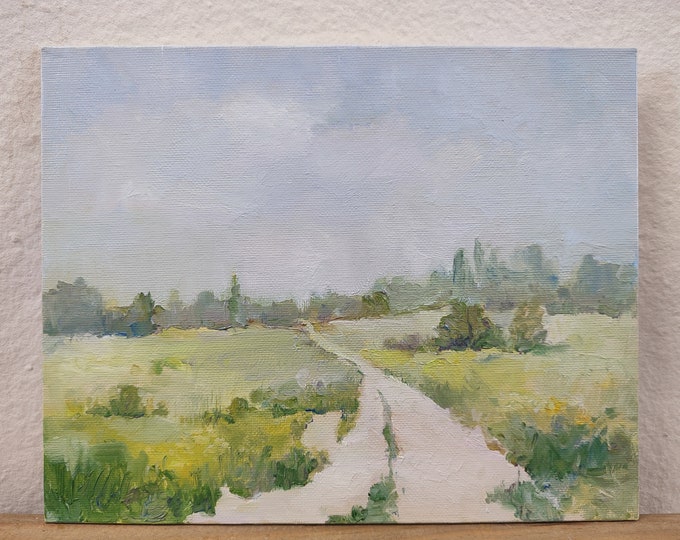 Oil Painting Original Summer Painting Landscape. Field Road Painting Light Meadow Painting. Village Painting, Rustic Oil Painting 8x10inch.