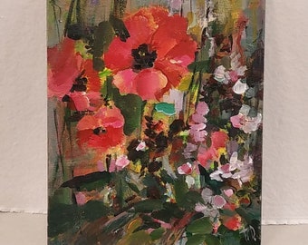 Wiesenmalerei. Rote Wildblumenmalerei, Mohnblumenmalerei. Rosa, braune, dunkelgrüne Wandkunst, Wildblumengemälde, 8×10 Zoll.