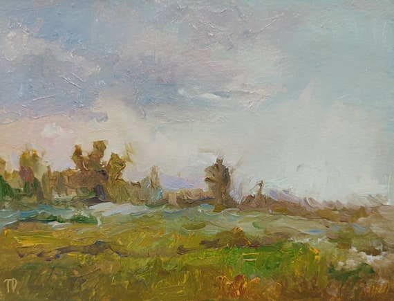 Landscape oil painting, tiny painting. Miniature painting. Rustic oil painting green blue beige 8×6 in.