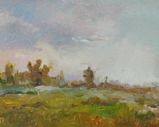 Autumn Meadow Small Oil Paintings Original Artwork Green Blue Beige 8×6 inch