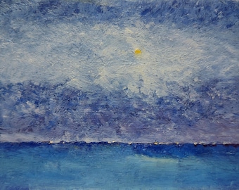Small Oil Painting: Original Winter Landscape Night Snow Scenery Dark Blue White (4.5x7 inches)