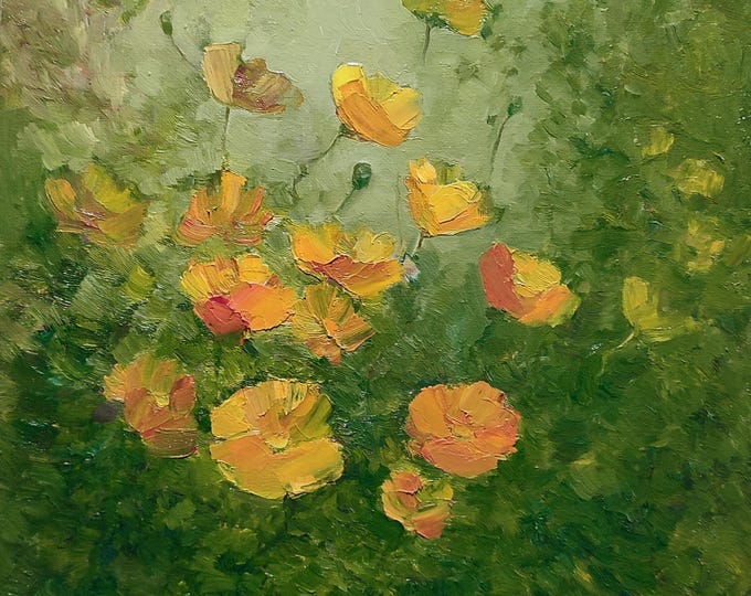 Original Fine Art Wildfliwer Painting California Poppy Flower Oil Painting Handmade 12x12inch