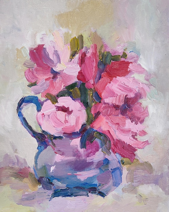 Peony Painting, Original Oil Painting, Room Decor Aesthetic, Original Impressionistic Art, Peony Floral Still Life, Peonies Bouquet Painting