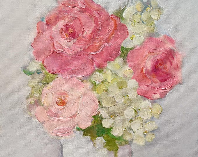 Blush Pink Roses & Hydrangea Oil Painting: Pastel Floral Still Life (10x8 inches)