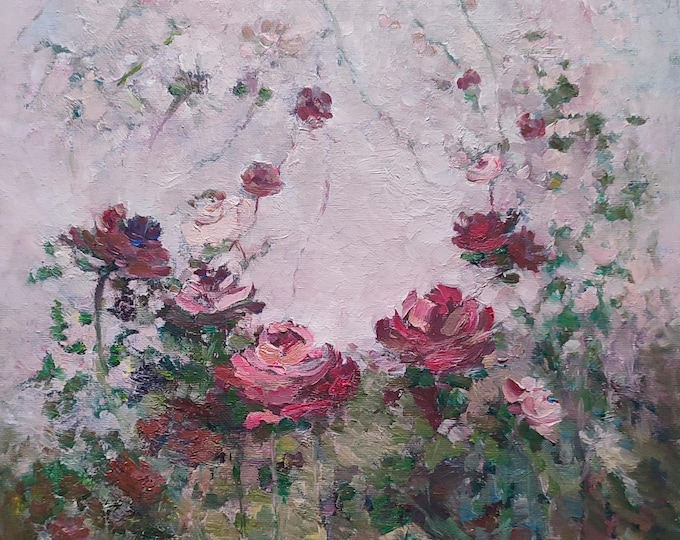 Rose Flower Oil Painting Original Wildflower Art, Garden Handmade Painting, House Warming Gift 12×12 inches
