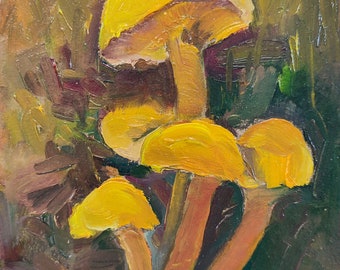 Forest Mushrooms: Original Oil Paintings Mustard Tones, Autumnal Home Decor Thanksgiving (6,5x5inches)