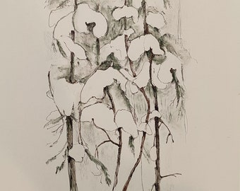 Original Charcoal Christmas Tree Drawing: Snow Forest Wall Art (22x30cm)