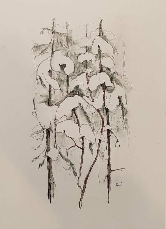 Original Drawing, Charcoal Pencil Sketch, Christmas Trees. ORIGINAL Modern Line Drawing. Snow Forest, Small Presents. Antique Look Wall Art.