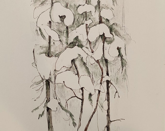 Original Charcoal Christmas Tree Drawing: Snow Forest Wall Art (22x30cm)