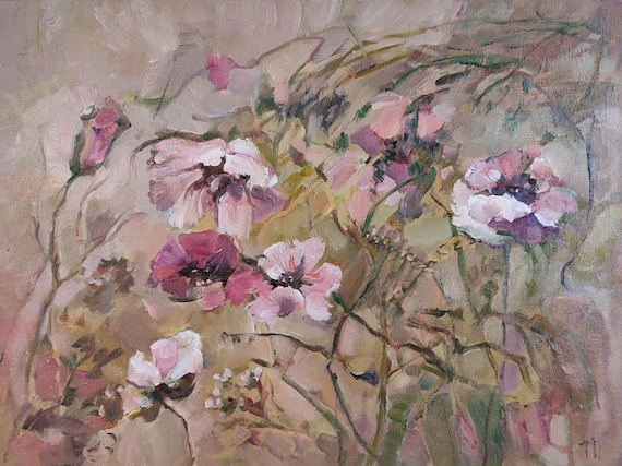 Pink Poppy Painting, Original Oil Painting on Canvas, Poppies Meadow Painting, Wildflower Painting, Flower Painting, Summer Grass Painting