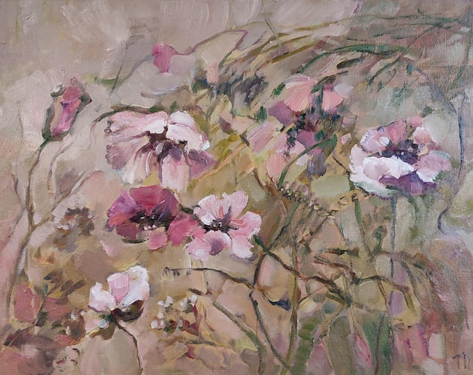 Pink Poppy Painting, Original Oil Painting on Canvas, Poppies Meadow Painting, Wildflower Painting, Flower Painting, Summer Grass Painting