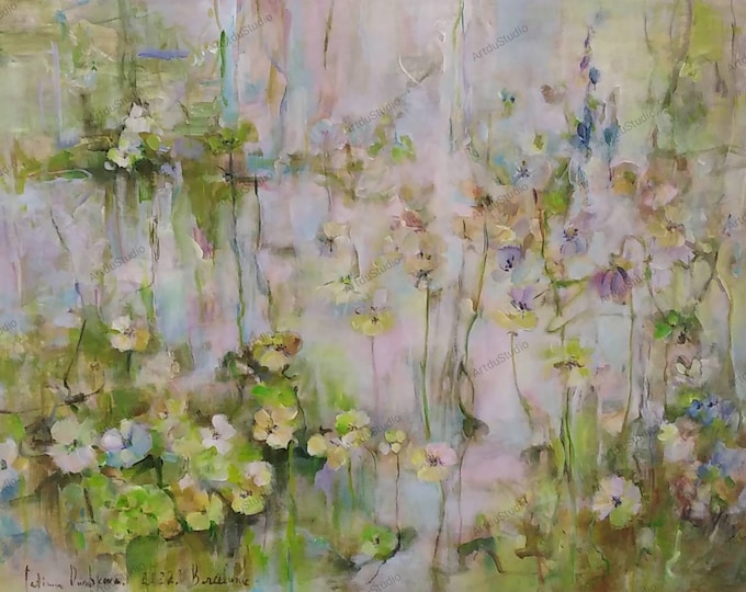 Original Oversized Wildflower Painting, Neutral Abstrsct Art Floral Meadow Big Wall Art Light Grey Green 36x50 inch.