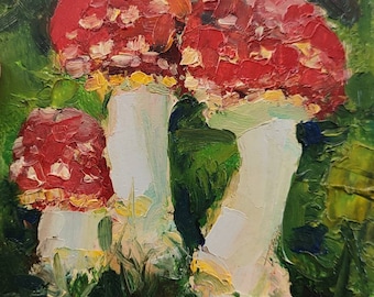 Red Mushroom Oil Painting Original Tiny Wall Art Fly Agaric Amanita