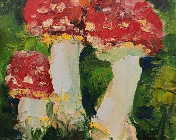 Red Mushroom Oil Painting Original Tiny Wall Art Fly Agaric Amanita