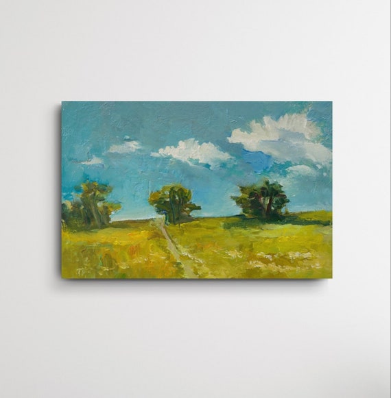 Original Small Oil Painting, Village Painting, Realistic Painting Gifts, Autumn Field Rustic Oil Painting, Cloud Painting 4x6 inches