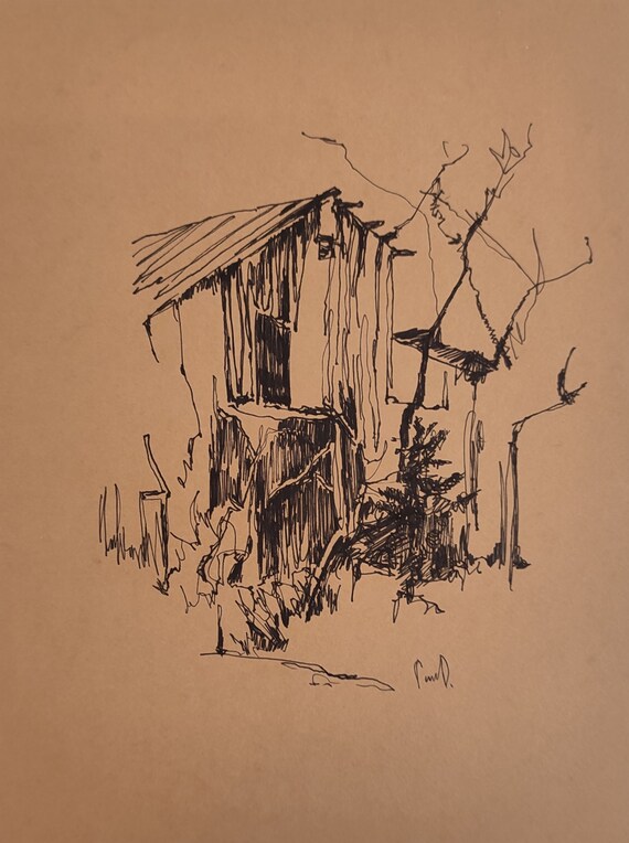 One line drawing, wall decore farm house. Gifts for your best friend. ORIGINAL ink sketch, old barn painting, log cabin decor 8x6 in.