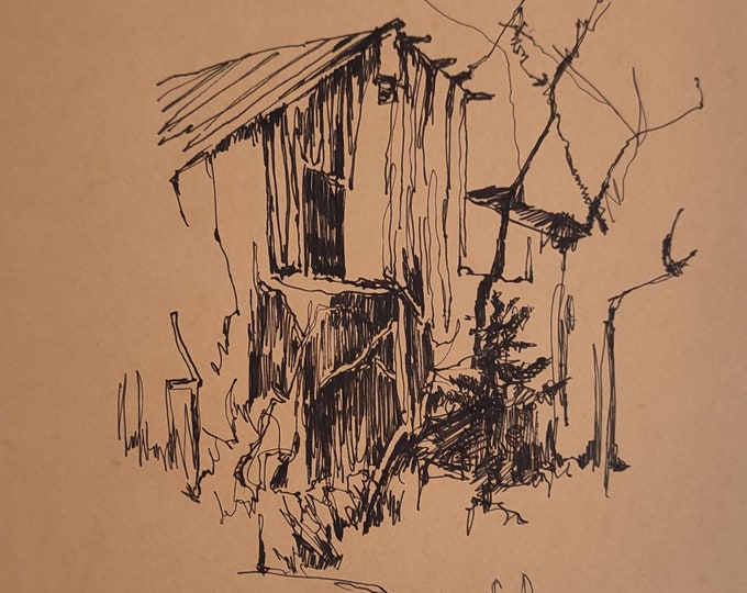 Original Ink Sketch: Old Barn, Farmhouse Decor (8x6 in)