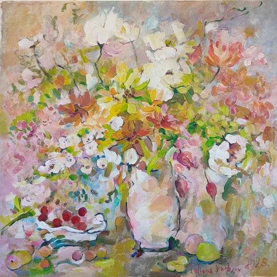 Oversized Canvas Art, Original Acrylic Artwork, Original Painting Large, Floral Still Life, Abstract Impressionist Painting, 36x36 inches