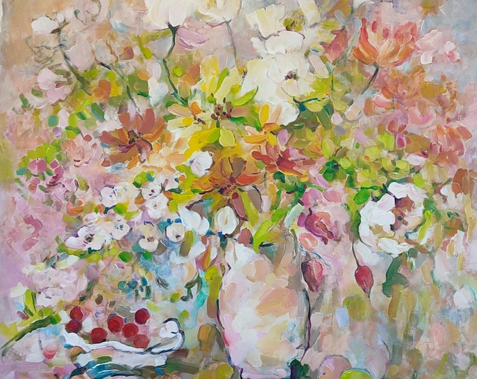 Oversized Canvas Art, Original Acrylic Artwork, Floral Still Life, Abstract Impressionist Painting 36x36 inch.