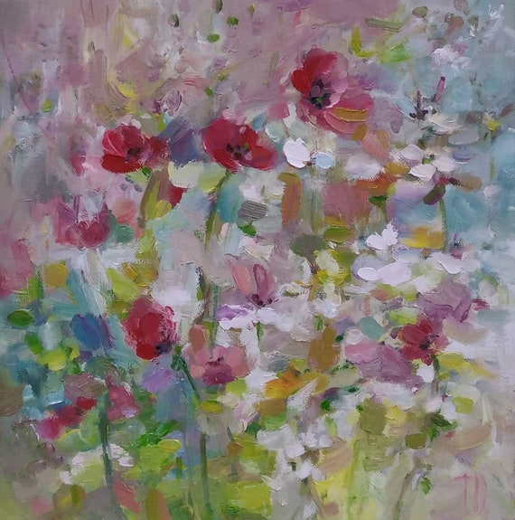 Floral Oil Painting on Canvas, Original Wildflower Painting, Meadow Abstract Floral Painting, Daisies and Red Poppy Painting 12x12 inches