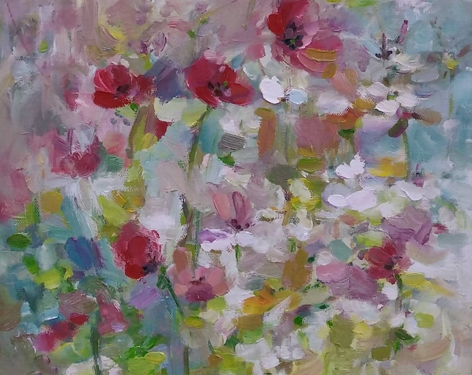 Poppy Wildflower Art Original Oil Painting, Meadow Abstract Floral Art Work Pink White, 12x12 inches