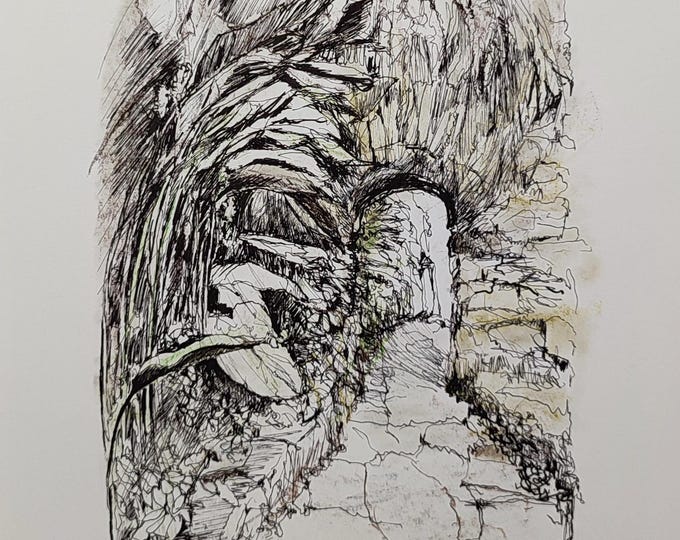 Original Drawing: Graphic Floral Landscape Hand Drawn "The Way" Pencil Pastel Ink, Collector Gift