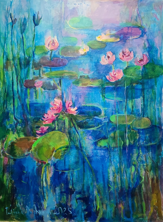 Original Painted Canvas, Art Work, Water Lily Painting, Vertical Bright Original Painting, Original Acrylic Artwork, Lily Pond, 48x36 inch