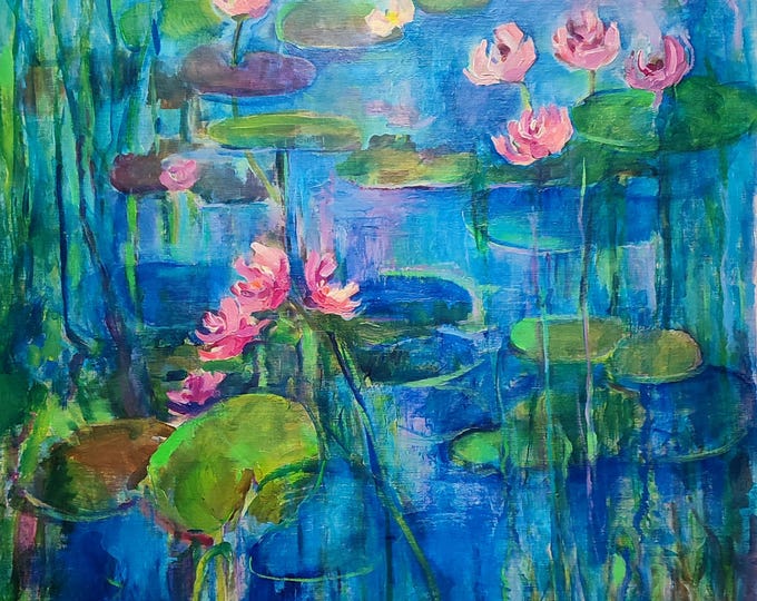 Original Painted Canvas, Art Work, Water Lily Painting, Vertical Bright Original Painting, Original Acrylic Artwork, Lily Pond, 48x36 inch