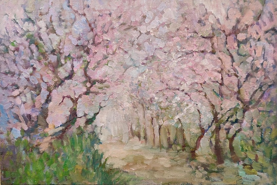 DDP to US, Trees Spring Painting Nature Orchard Pink Beige Wall Art Original Oil Paintings Nature