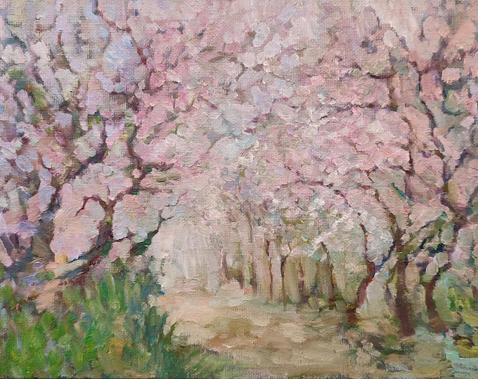 DDP to US, Trees Spring Painting Nature Orchard Pink Beige Wall Art Original Oil Paintings Nature